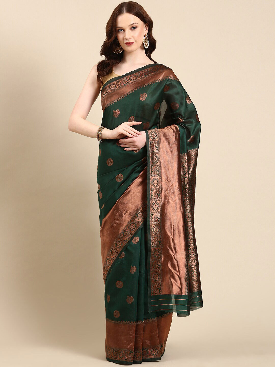 

Anouk Ethnic Motifs Woven Design Zari Silk Blend Kanjeevaram Saree, Green