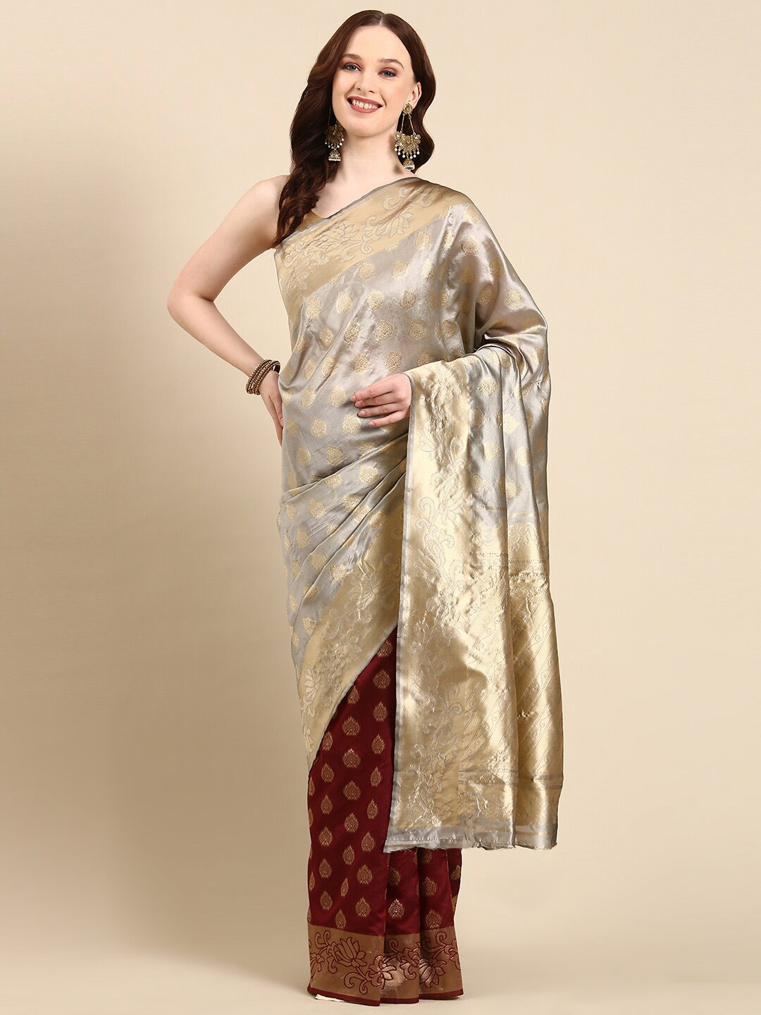 

Anouk Ethnic Motifs Woven Design Zari Half and Half Kanjeevaram Saree, Maroon
