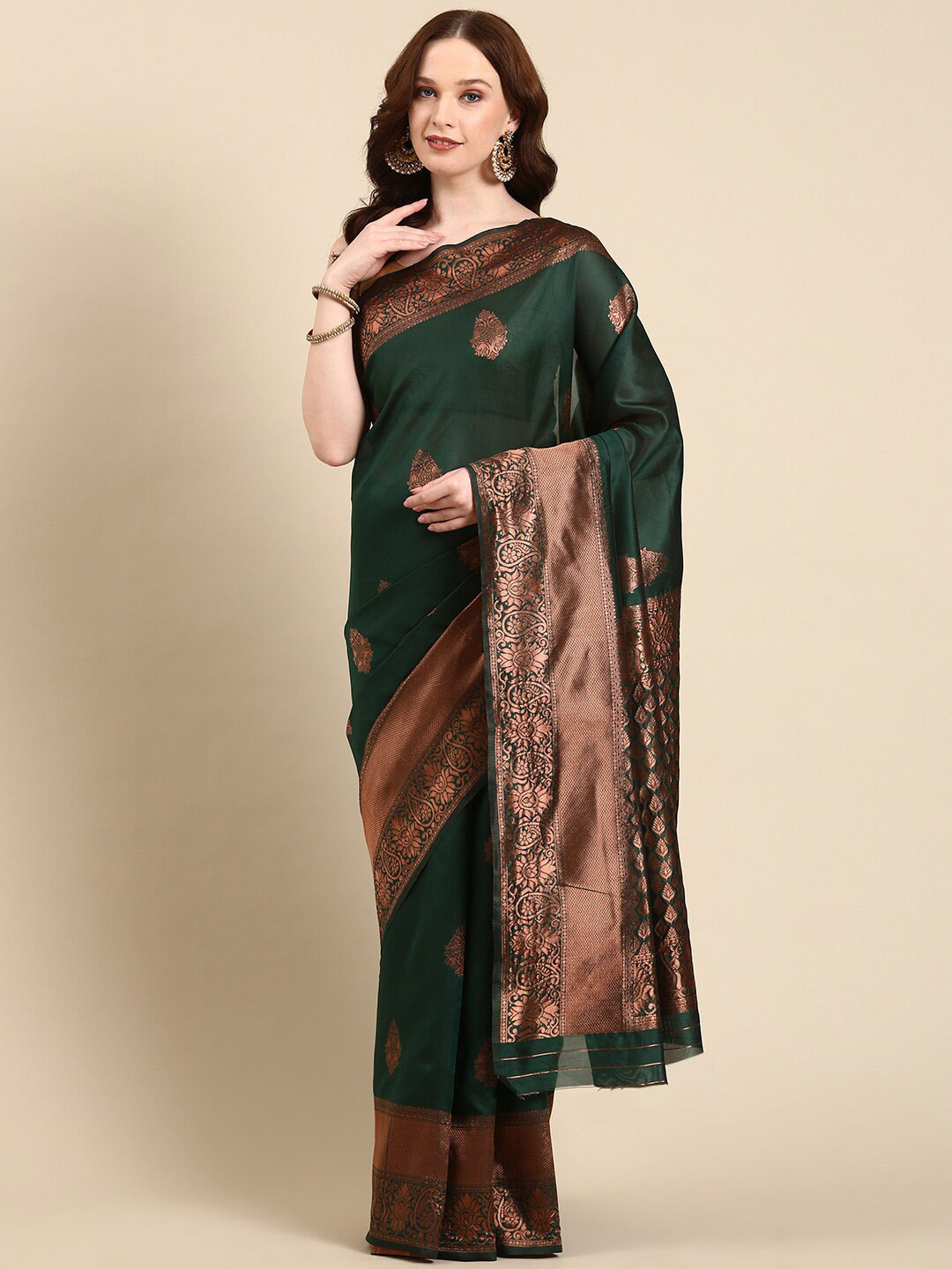

Anouk Ethnic Motifs Woven Design Zari Kanjeevaram Saree, Green