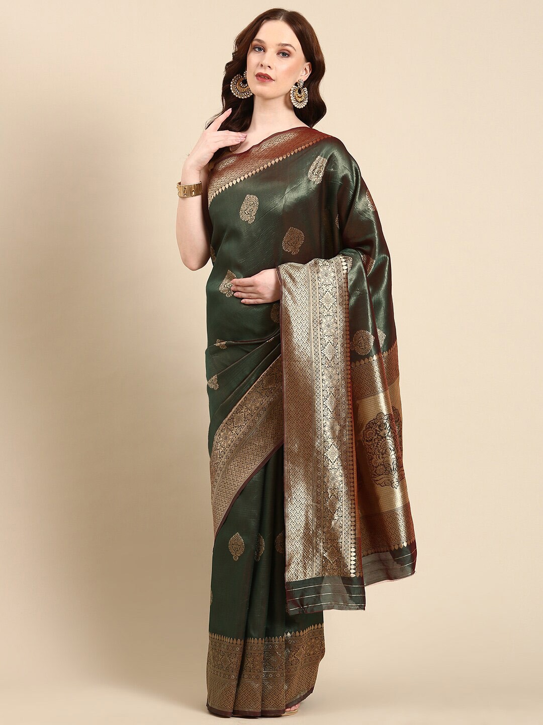 

Anouk Ethnic Motifs Woven Design Zari Silk Blend Banarasi Saree, Green