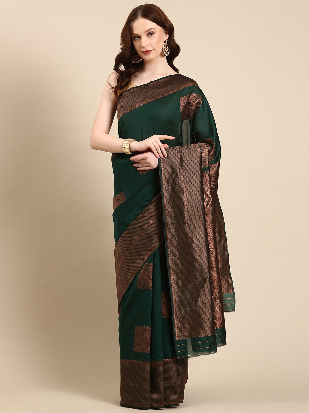

Anouk Ethnic Motifs Woven Design Zari Silk Blend Banarasi Saree, Green