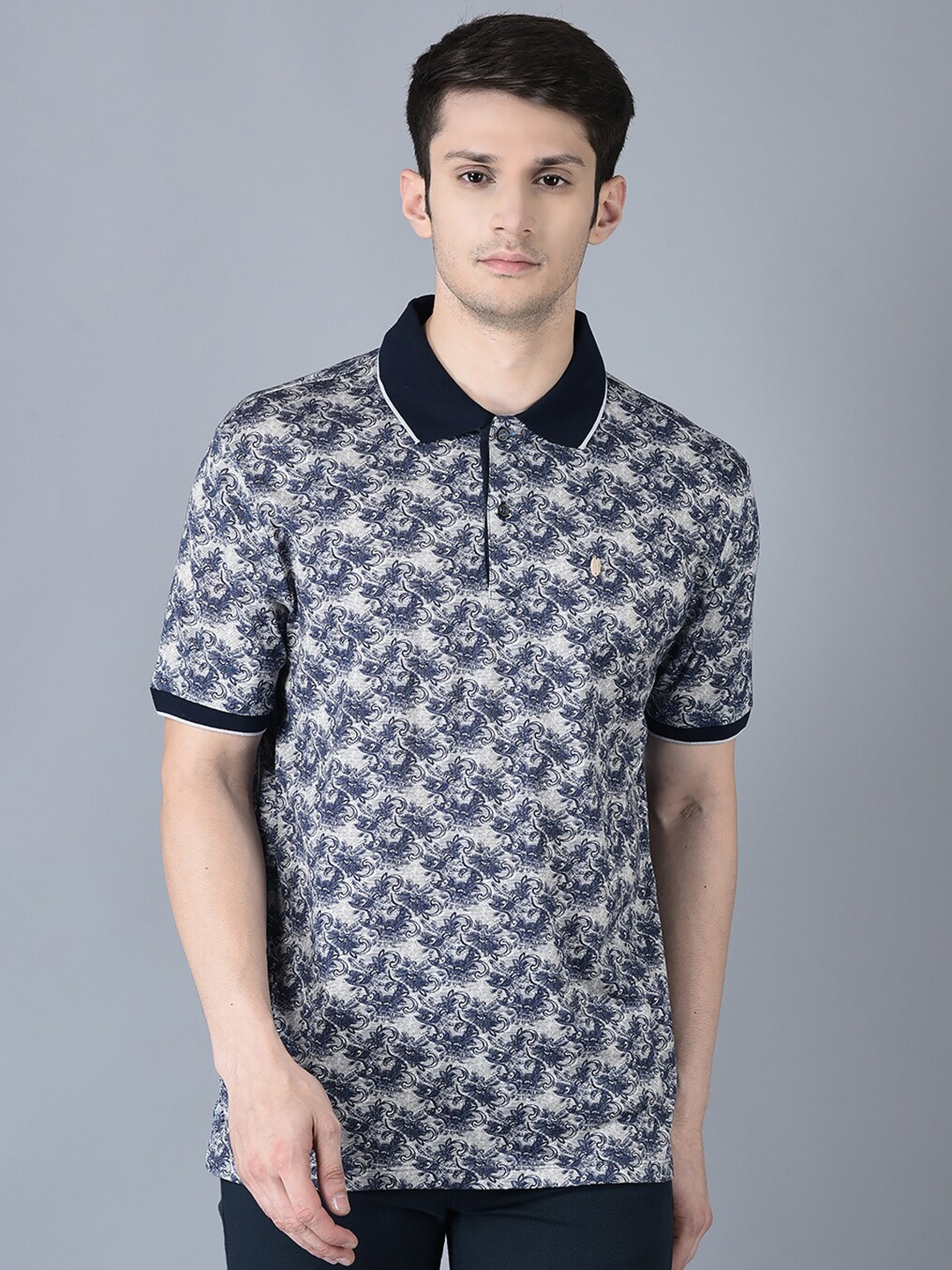 

CANOE Ethnic Printed Polo Collar Pure Cotton T-shirt, Navy blue