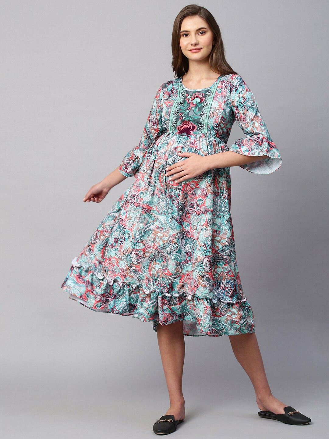 

Aanyor Floral Printed Embroidered Bell Sleeves Maternity Fit & Flare Midi Dress, Blue