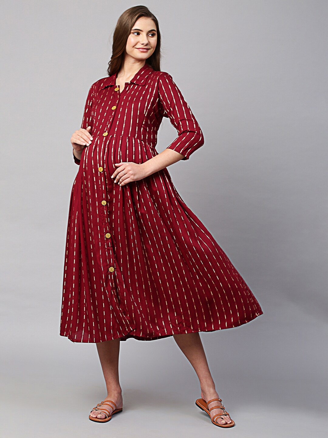 

Aanyor Striped Maternity Fit & Flare Midi Dress, Maroon