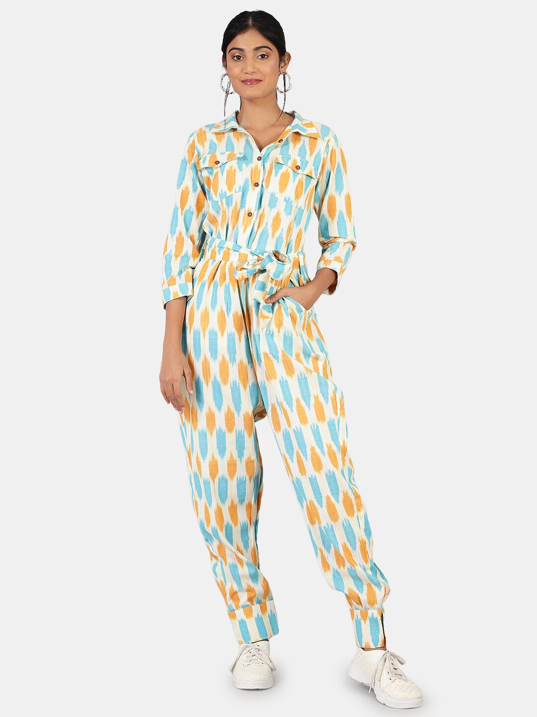 

INDOPHILIA Printed Cotton Shirt Collar Waist Tie-Ups Basic Jumpsuit, White