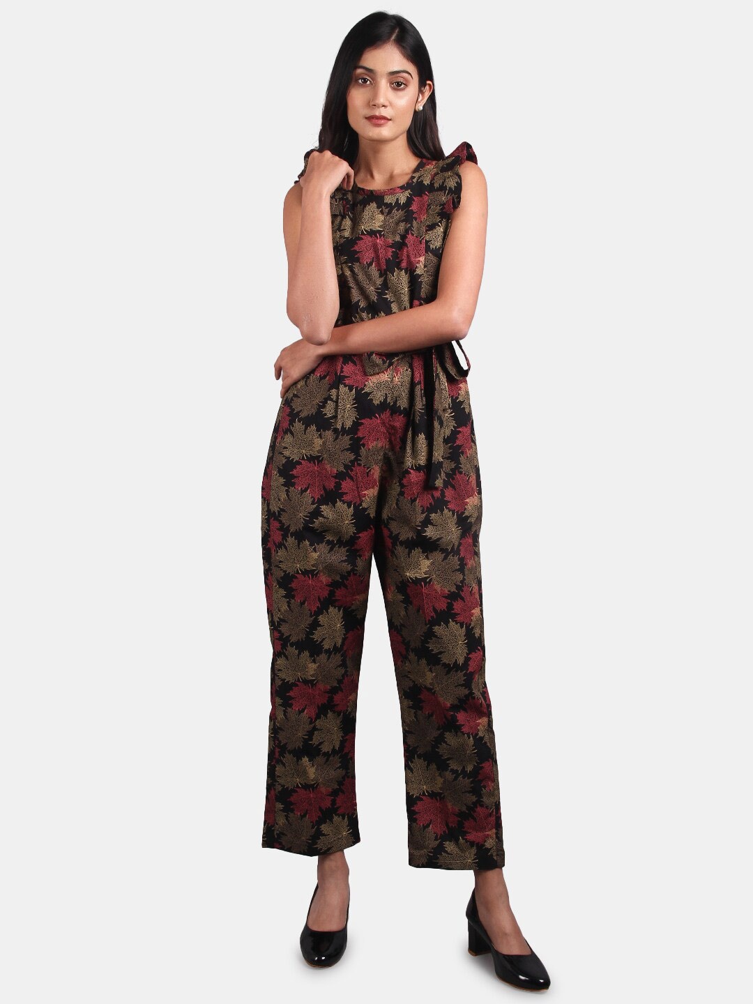 

INDOPHILIA Printed Waist-Tie-Ups Cotton Basic Jumpsuit, Black