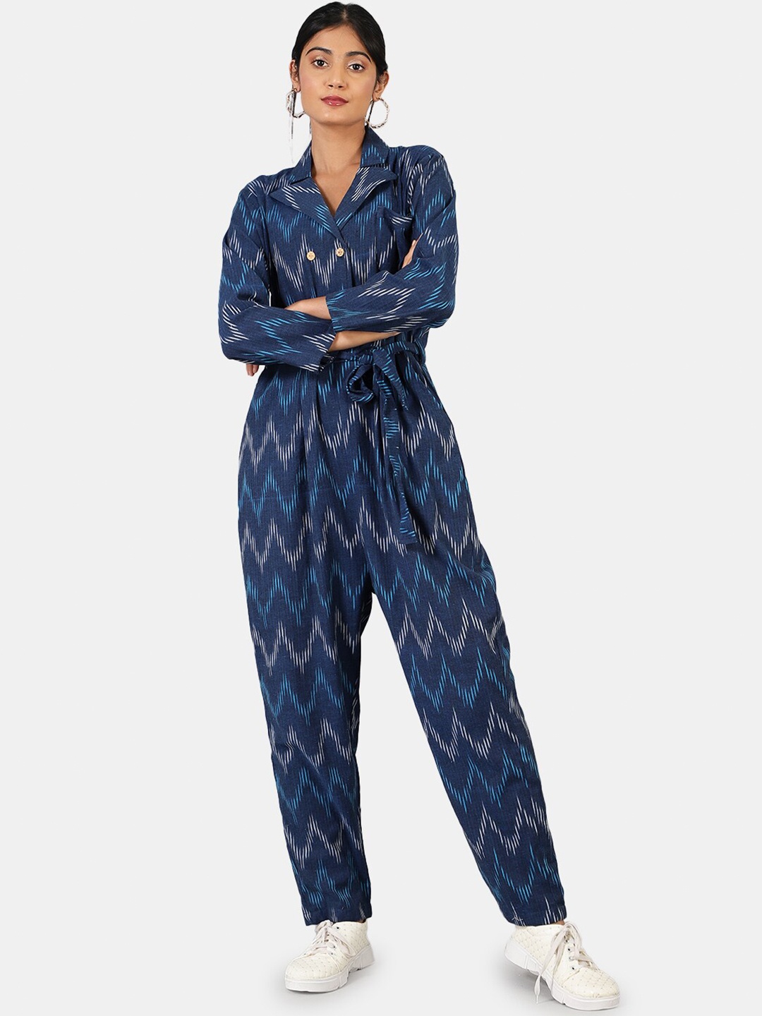 

INDOPHILIA Printed Waist-Tie-Ups Cotton Basic Jumpsuit, Blue