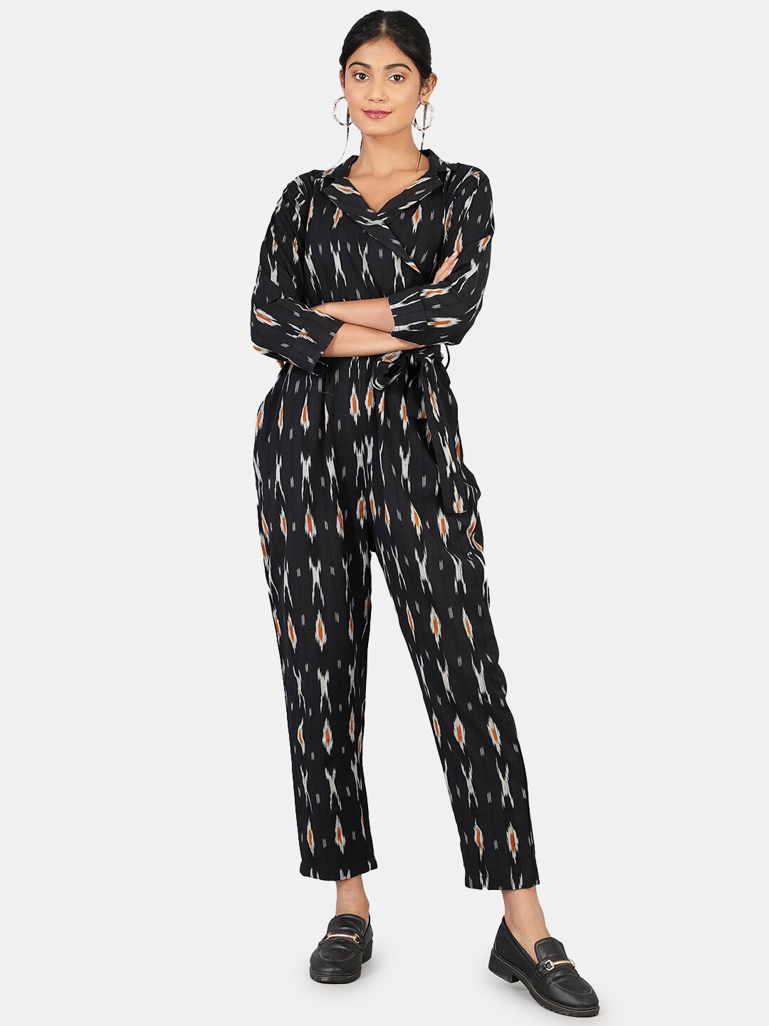 

INDOPHILIA Printed Waist-Tie-Ups Cotton Basic Jumpsuit, Black