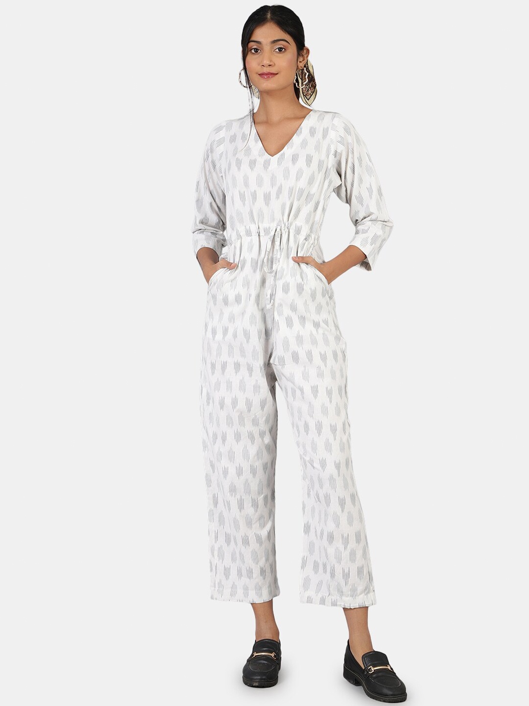 

INDOPHILIA Printed Cotton V-Neck Waist Tie-Ups Basic Jumpsuit, White