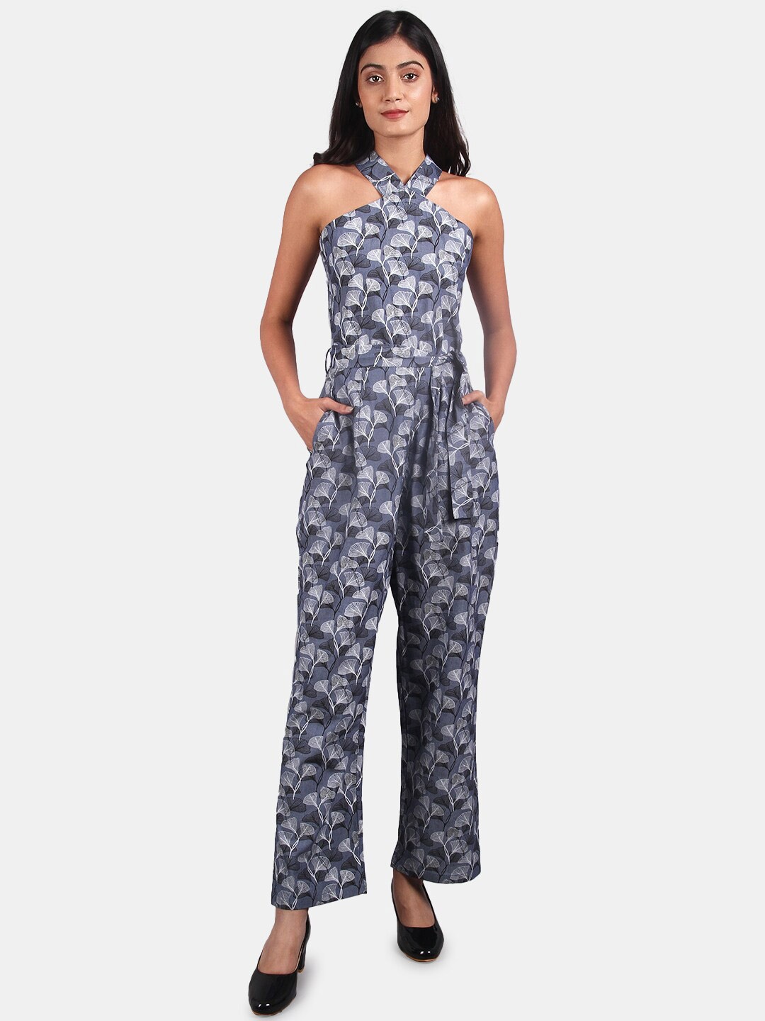 

INDOPHILIA Cotton Floral Printed Basic Jumpsuit, Blue