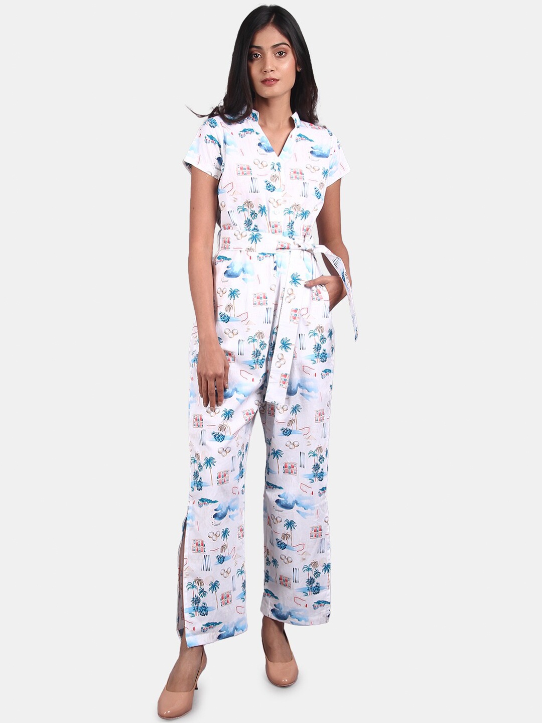 

INDOPHILIA Cotton Printed Basic Jumpsuit, White