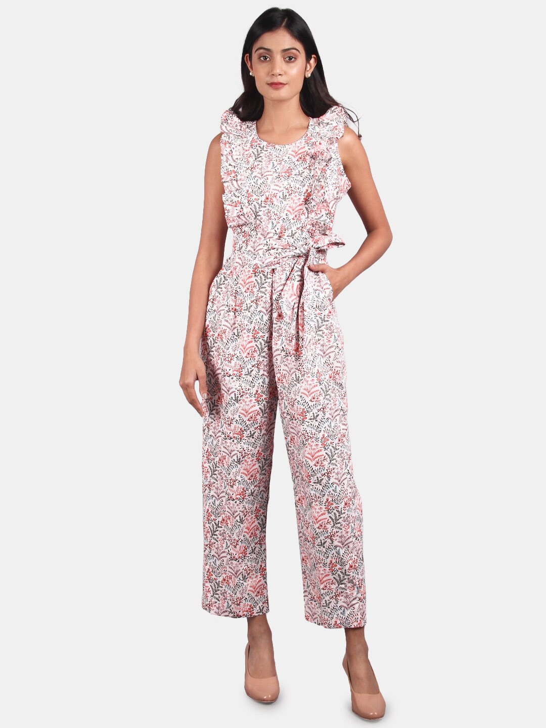 

INDOPHILIA Printed Waist-Tie-Ups Cotton Basic Jumpsuit, White