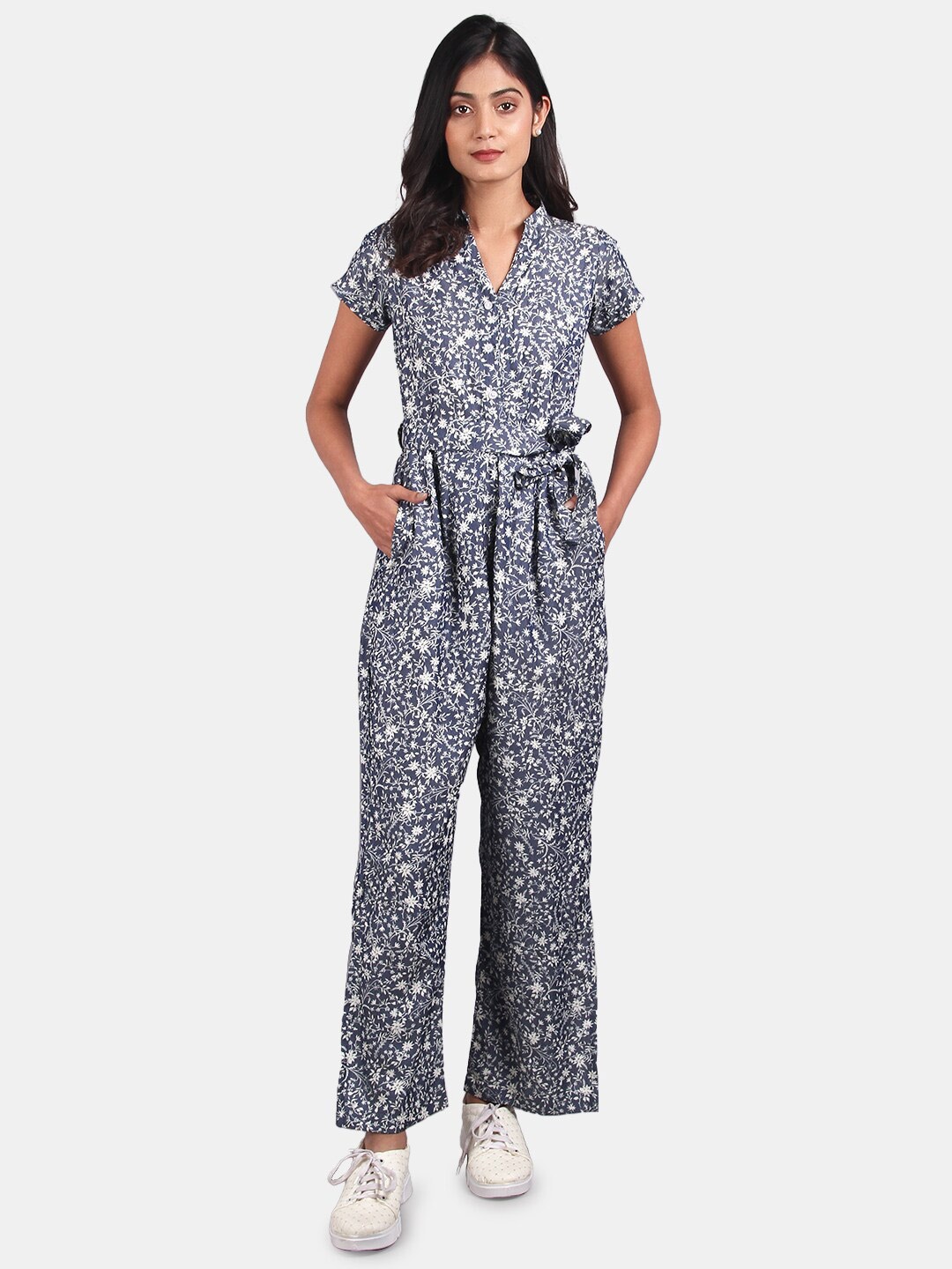 

INDOPHILIA Floral Printed Basic Jumpsuit, Blue