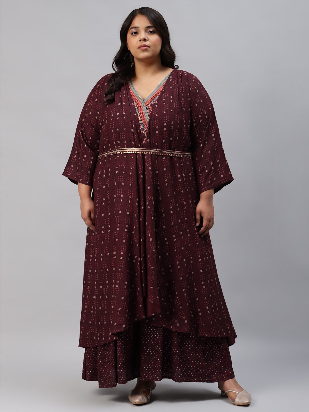 

W Printed V-Neck Fit & Flare Ethnic Dress, Brown