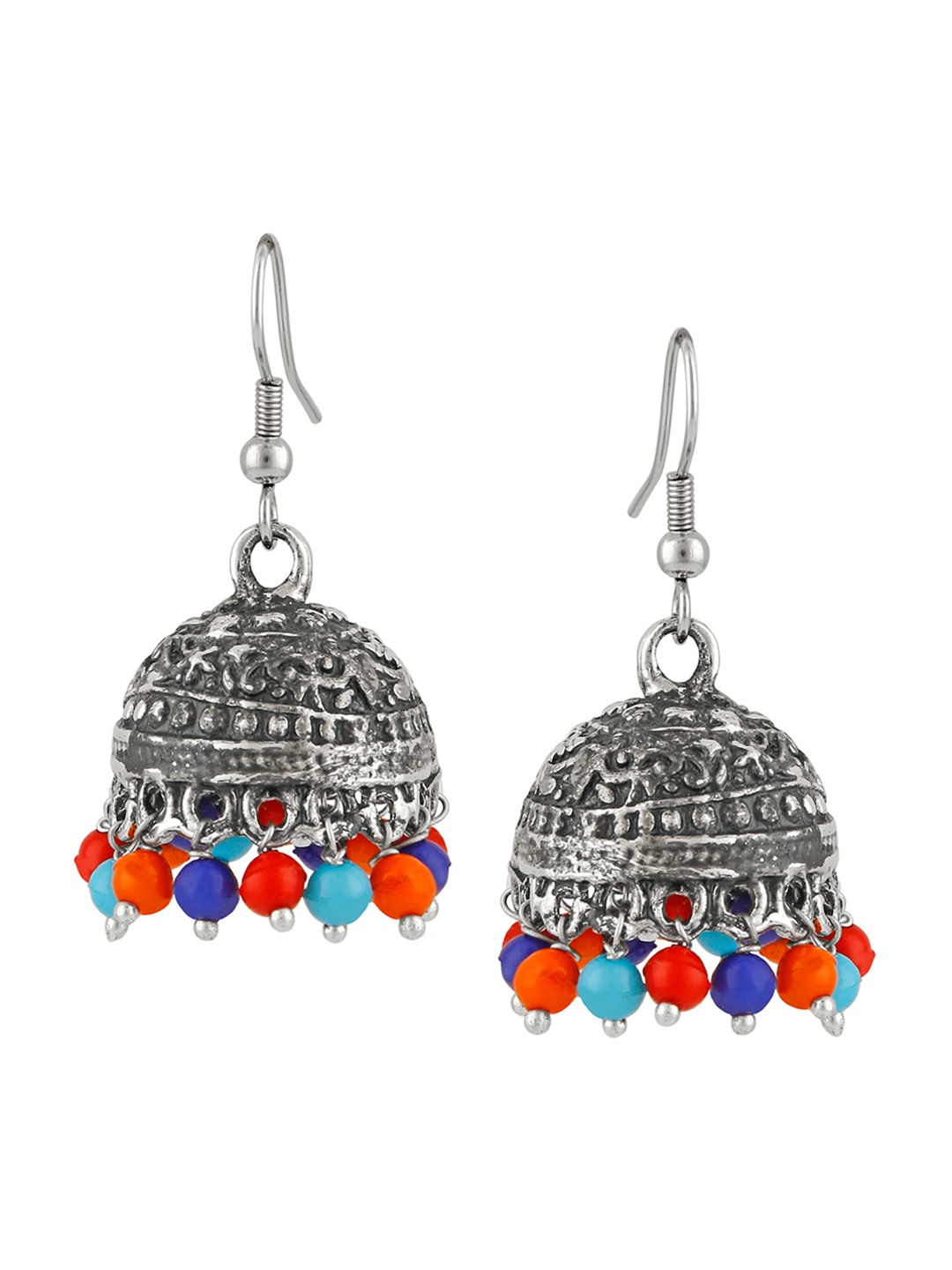 

Mahi Silver Plated Contemporary Oxidised Stone Studded Jhumkas Earrings