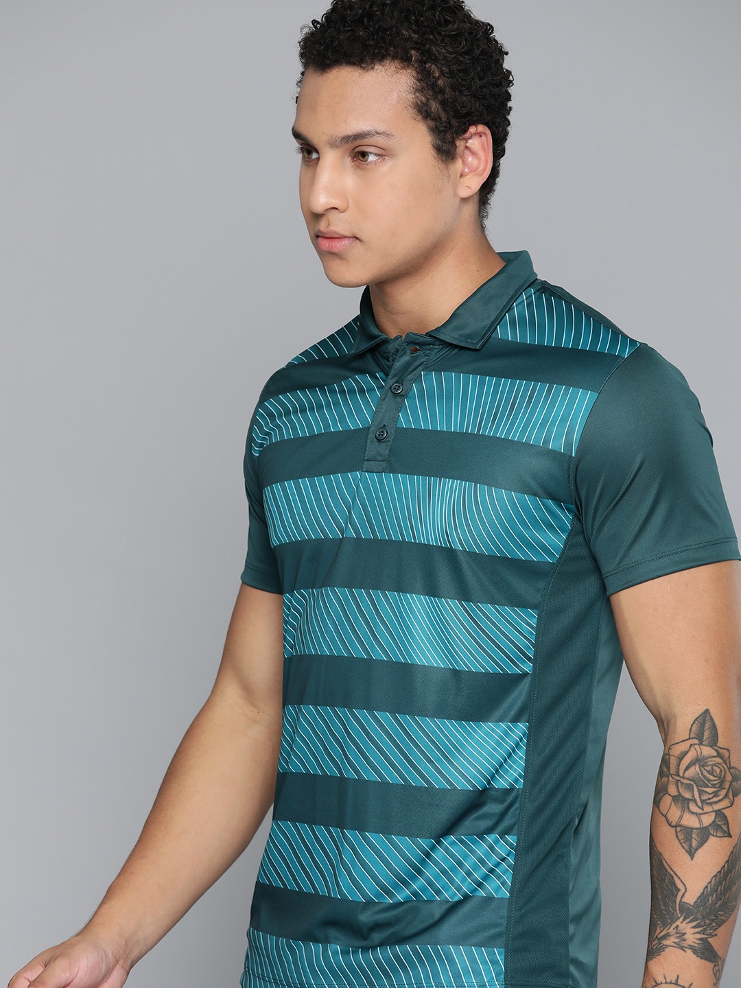 

HRX by Hrithik Roshan Striped Polo Collar Racket Sport Rapid-Dry T-shirt, Teal