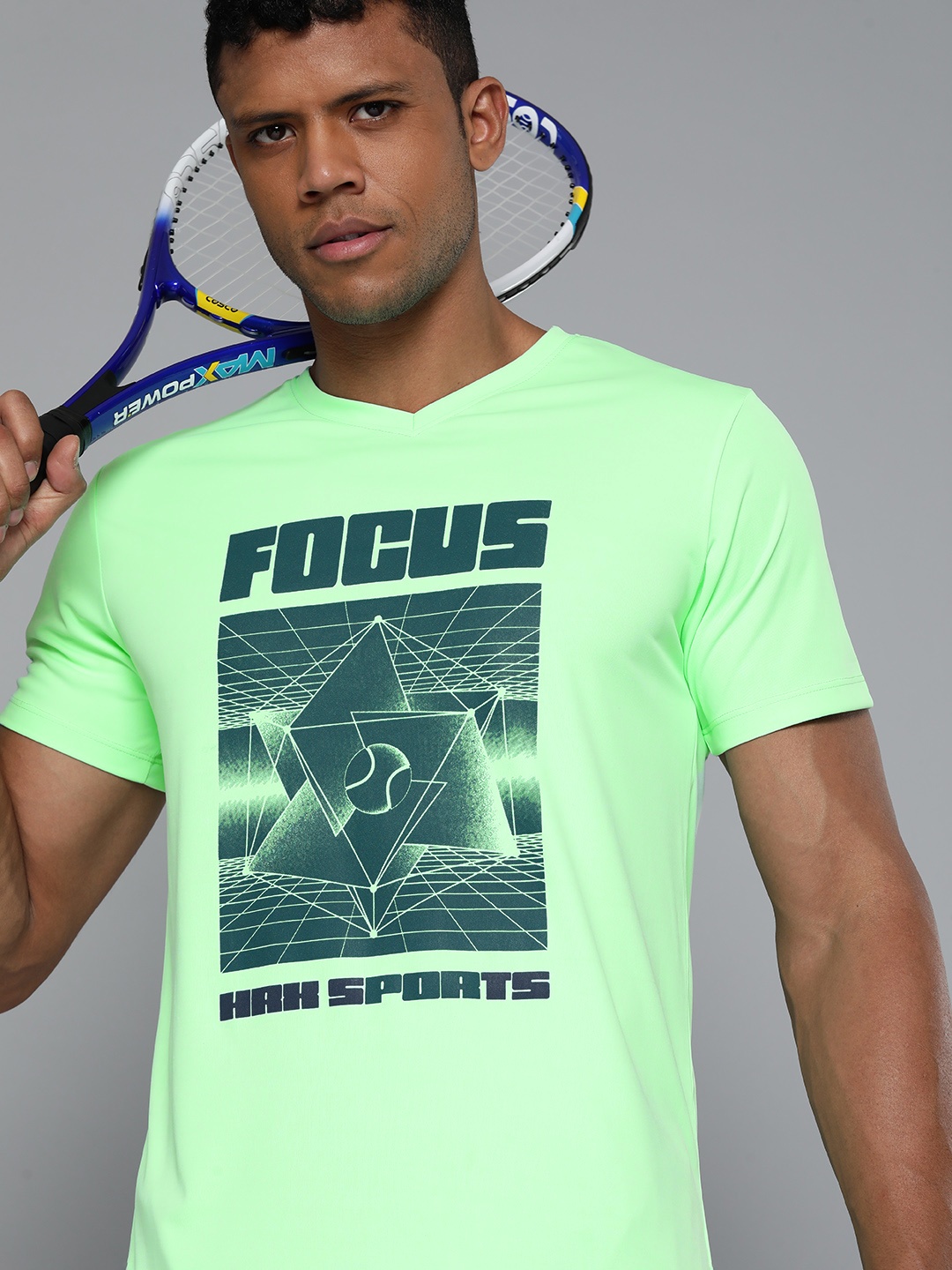 

HRX by Hrithik Roshan Men Printed V-Neck Racket Sport T-shirt, Green