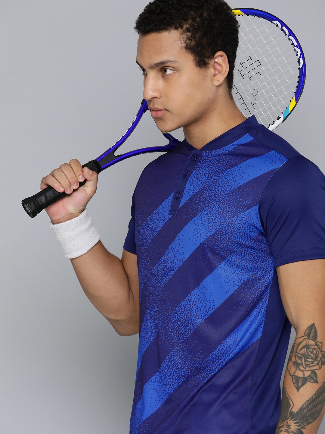 

HRX by Hrithik Roshan Rapid-Dry Striped Racket Sport T-shirt, Blue