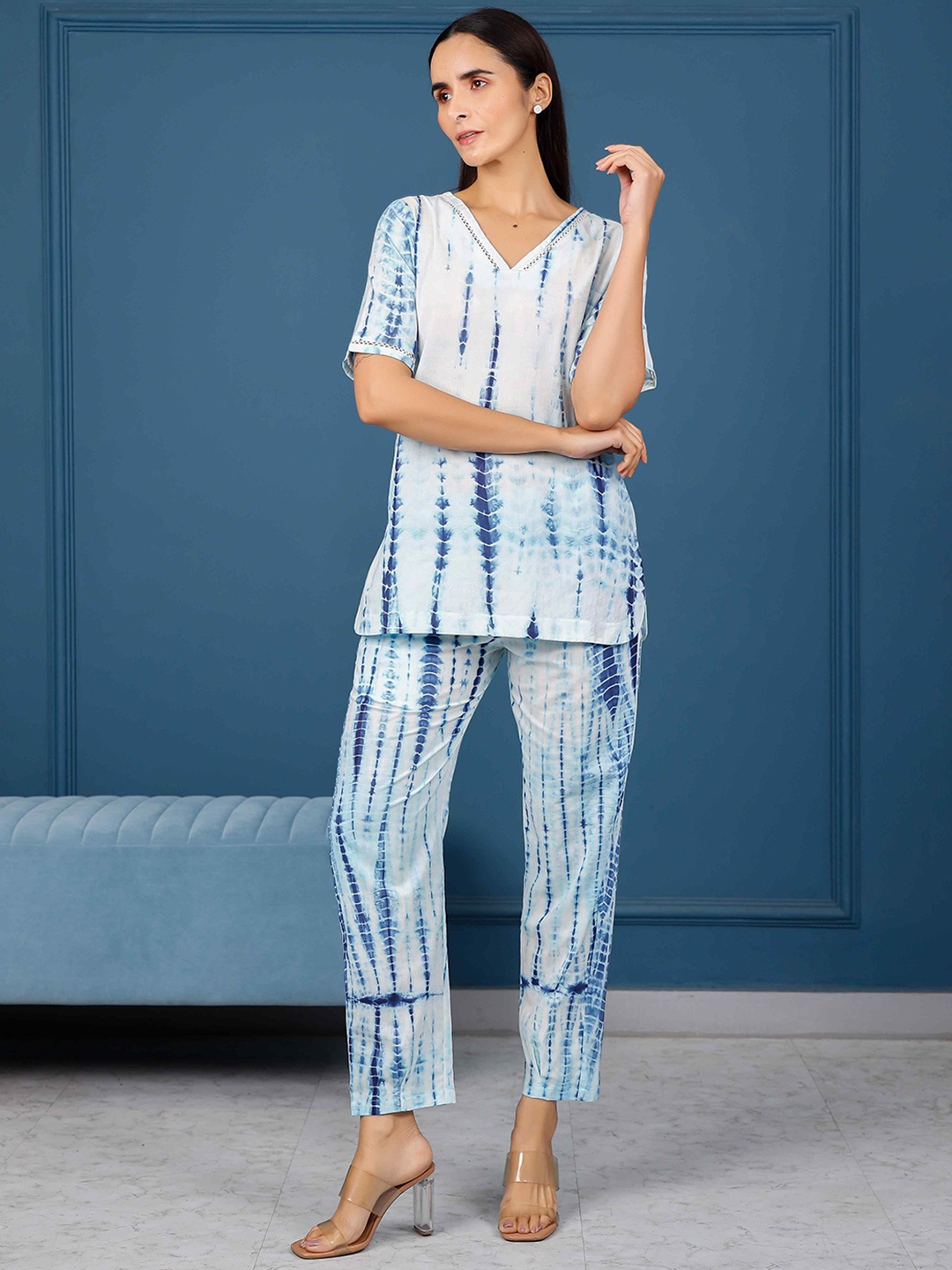 

PHEETA Tie & Dye Printed Pure Cotton Top With Trouser, White