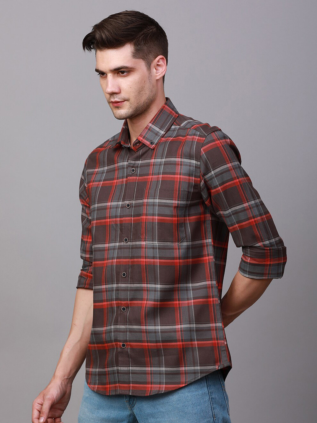 

FOGA Tartan Checked Pure Cotton Casual Shirt, Taupe