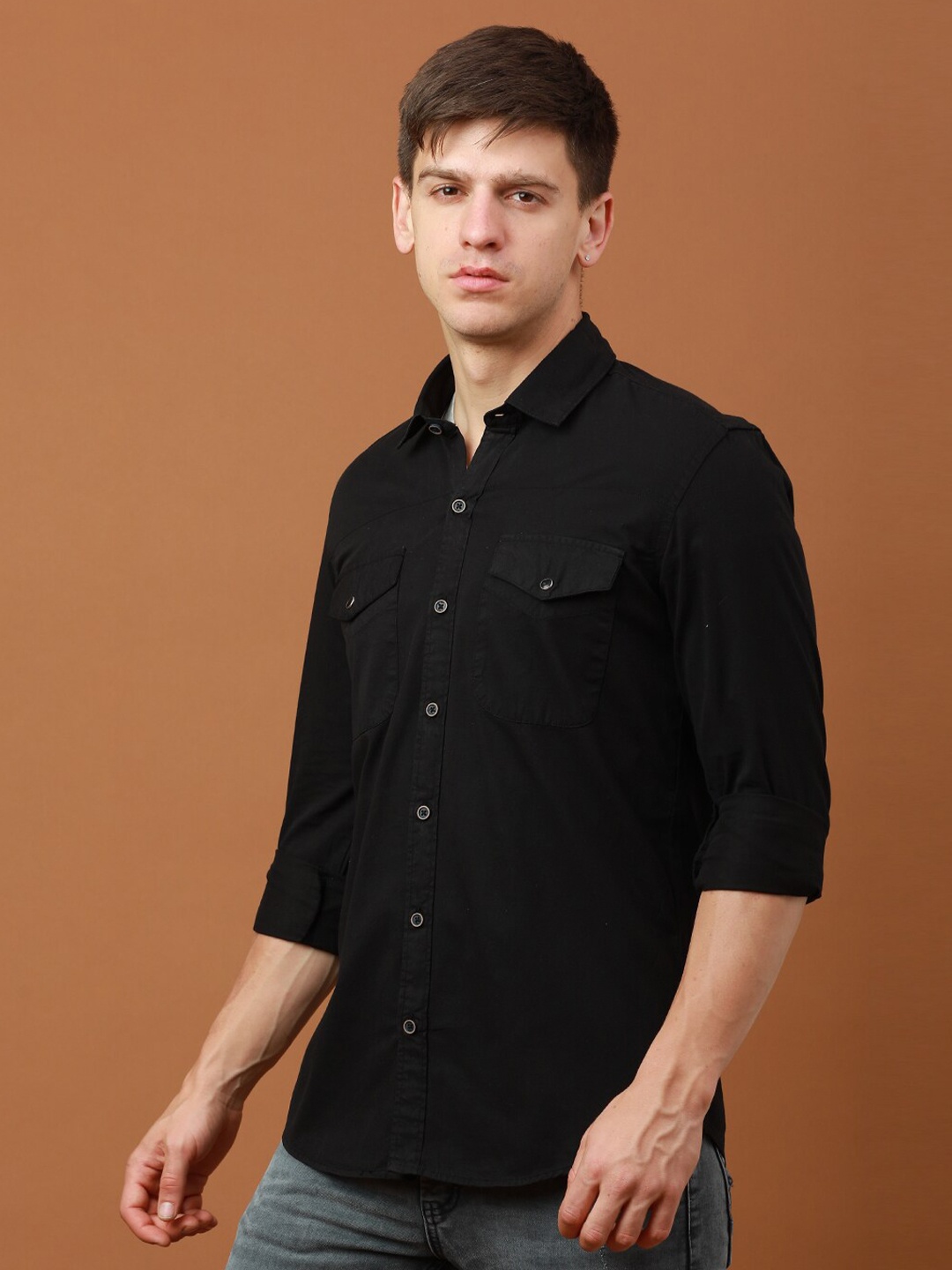 

FOGA Opaque Spread Collar Pure Cotton Casual Shirt, Black