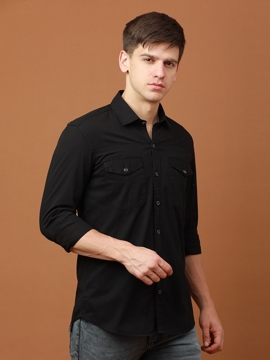 

FOGA Spread Collar Pure Cotton Casual Shirt, Black