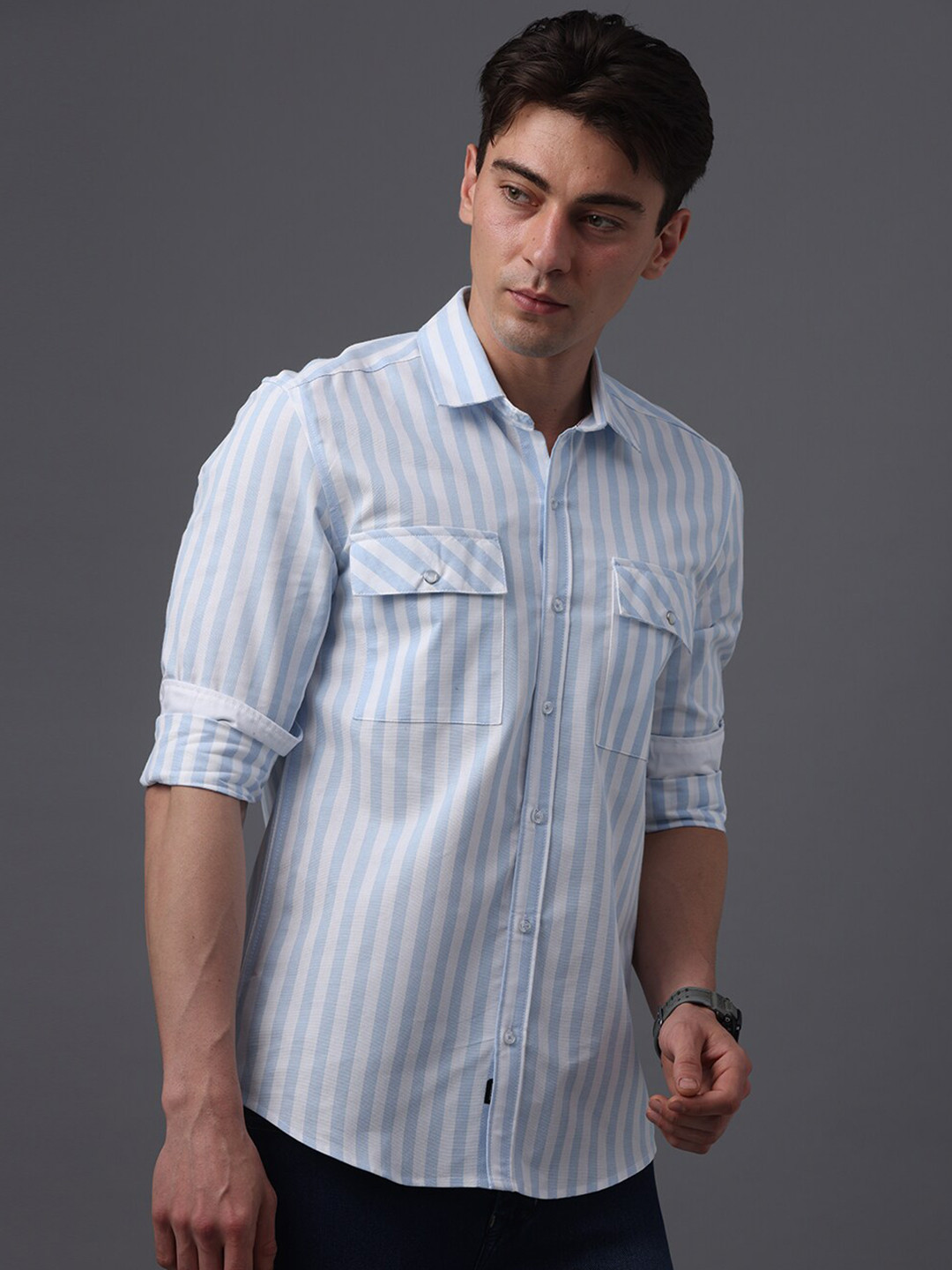 

FOGA Striped Pure Cotton Casual Shirt, Blue