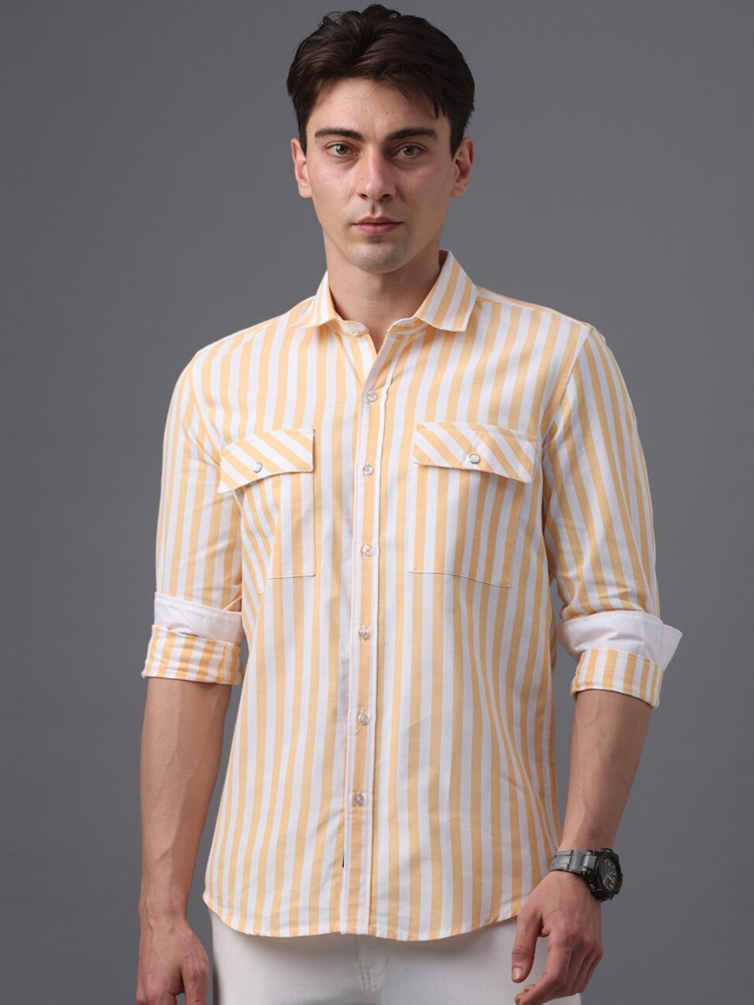

FOGA Striped Pure Cotton Casual Shirt, Yellow