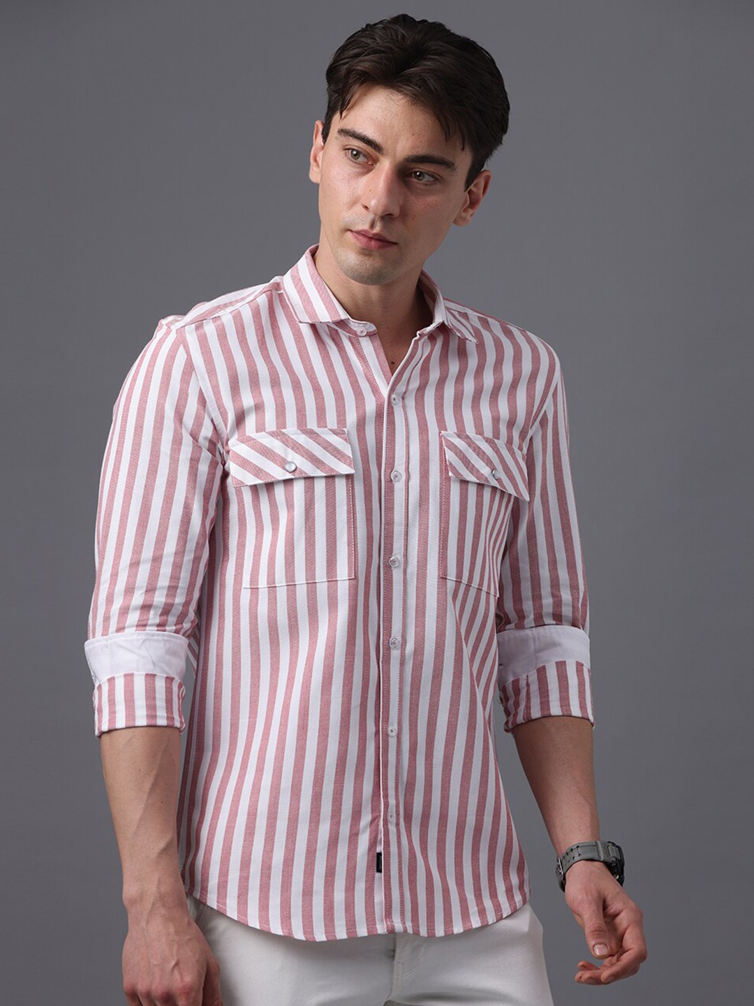 

FOGA Striped Pure Cotton Casual Shirt, Mauve