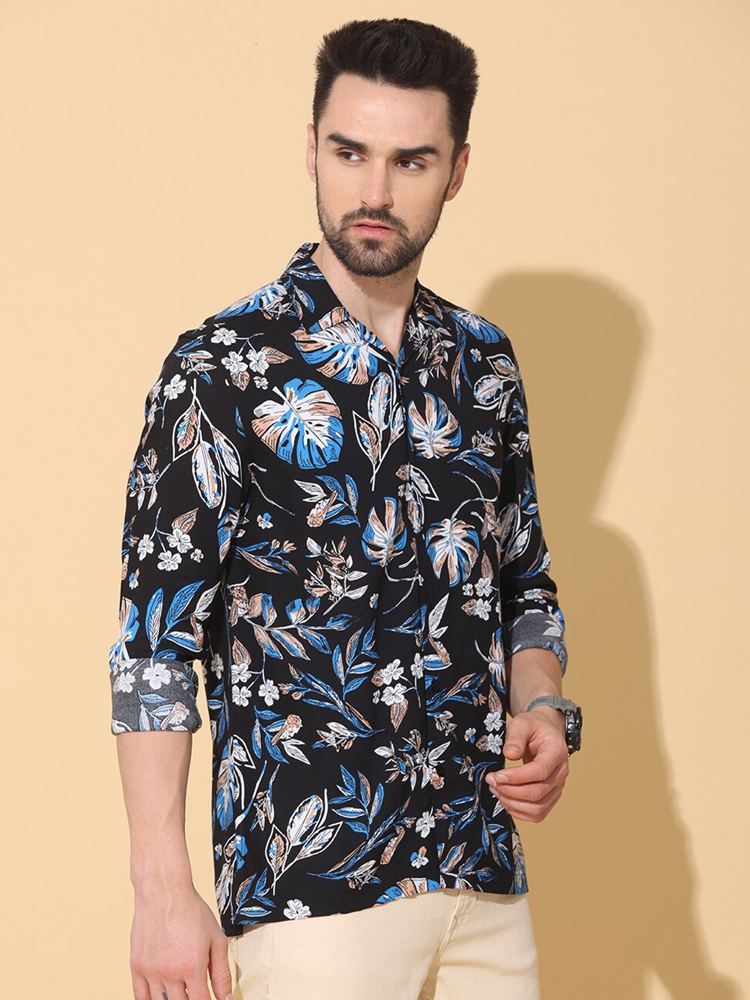 

FOGA Floral Printed Pure Cotton Casual Shirt, Black