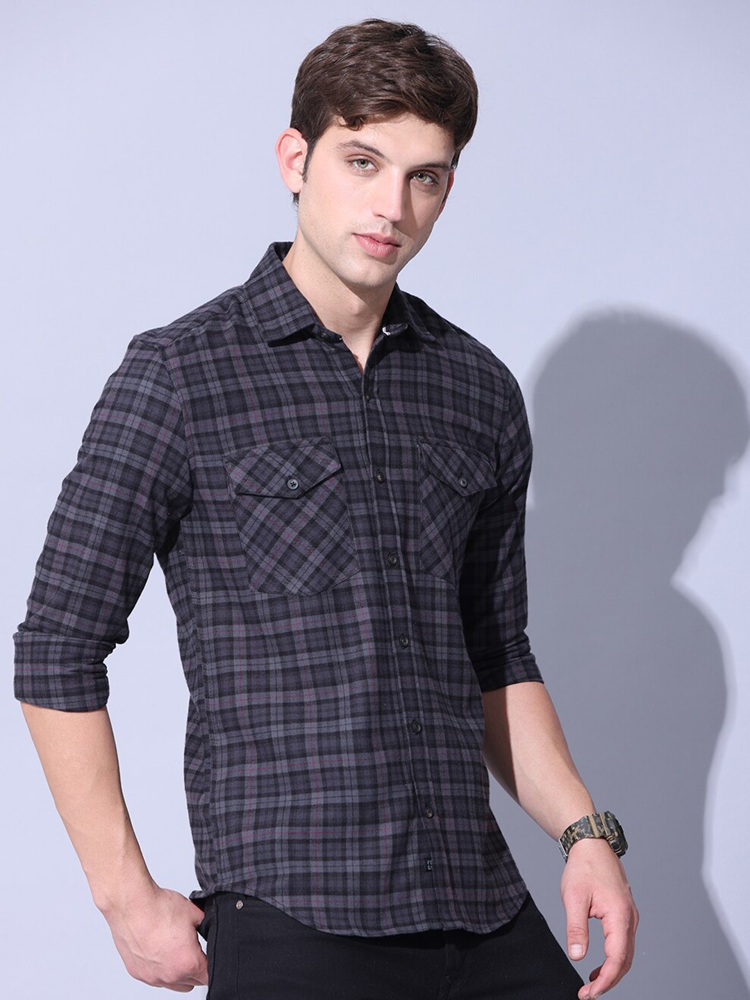 

FOGA Grid Tattersall Checked Pure Cotton Casual Shirt, Black
