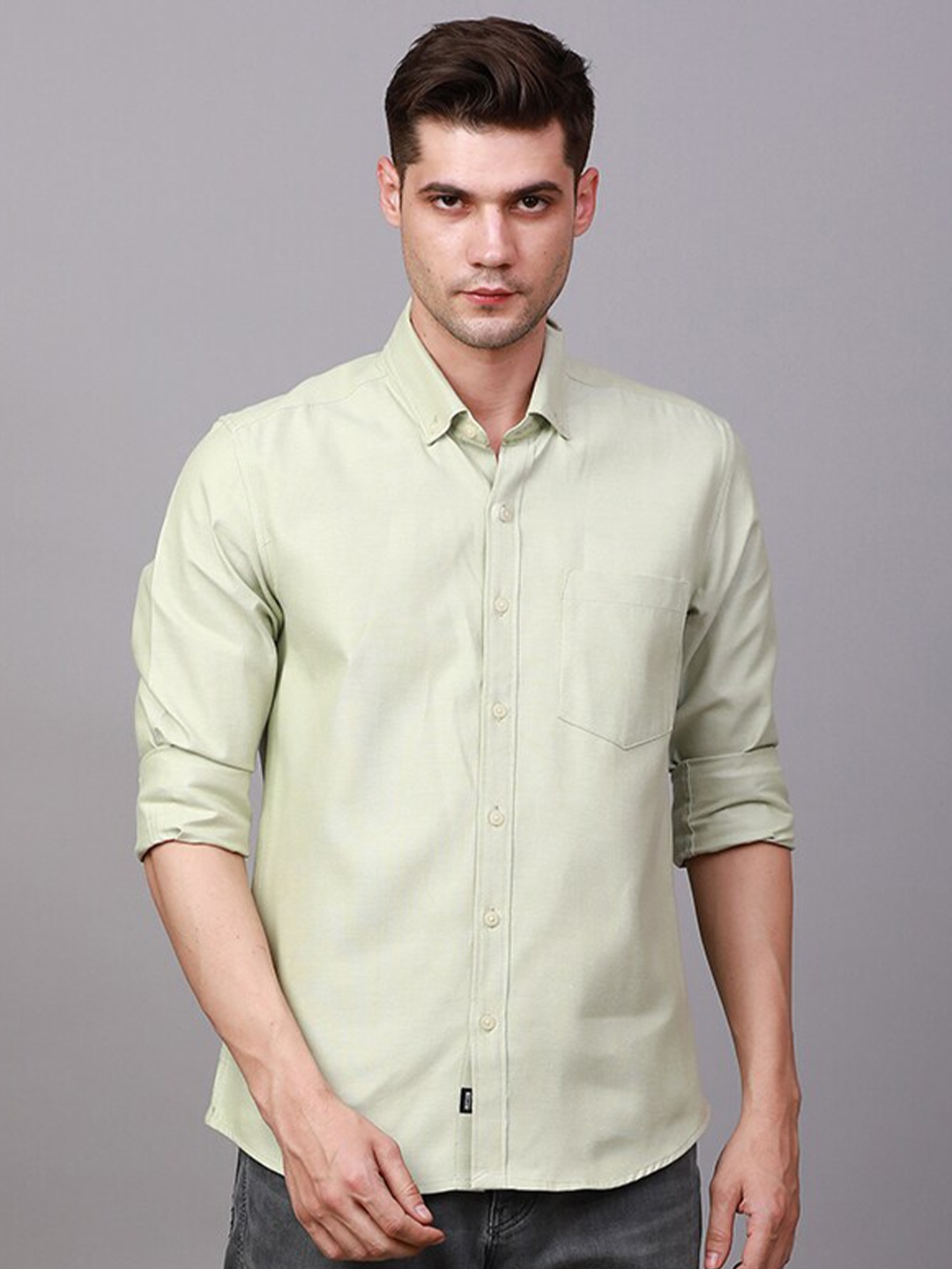 

FOGA Spread Collar Pure Cotton Casual Shirt, Green