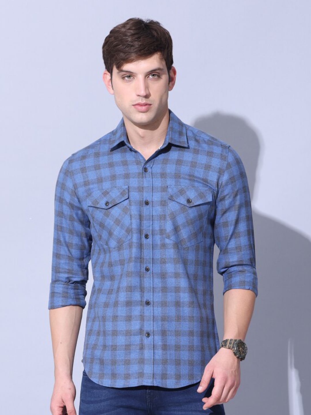 

FOGA Checked Pure Cotton Casual Shirt, Blue