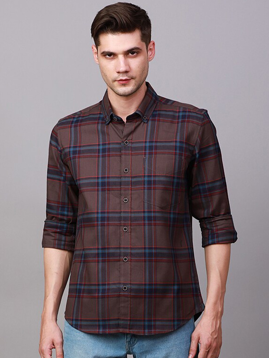 

FOGA Tartan Checked Pure Cotton Casual Shirt, Brown