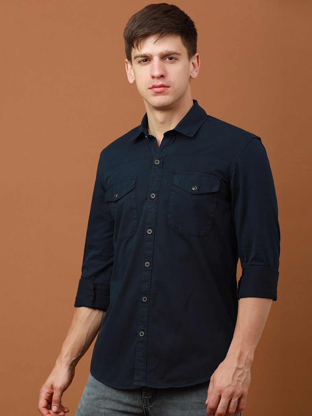

FOGA S[read Collar Pure Cotton Casual Shirt, Navy blue