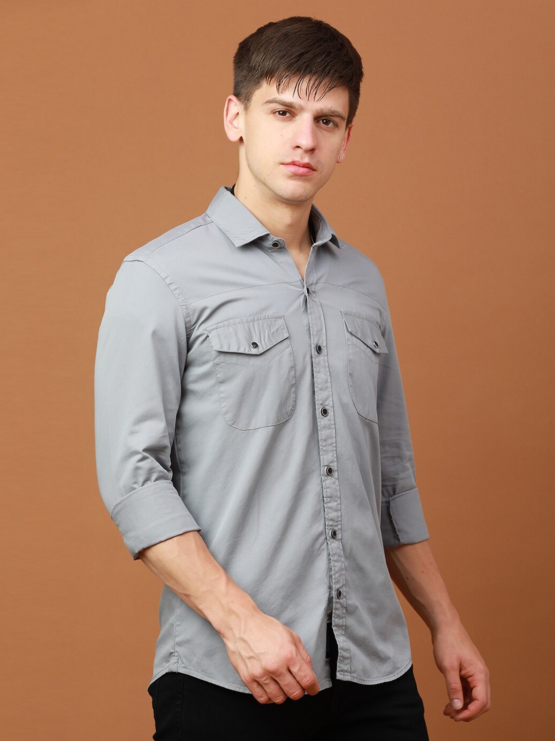 

FOGA Spread Collar Pure Cotton Casual Shirt, Grey
