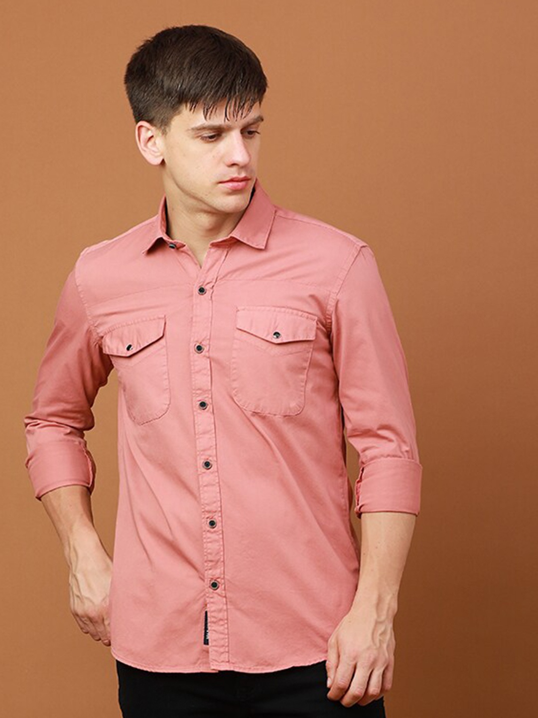 

FOGA Spread Collar Pure Cotton Casual Shirt, Peach