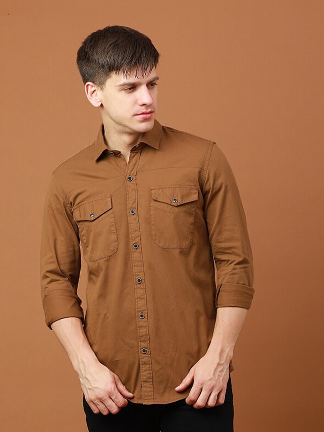 

FOGA Spread Collar Pure Cotton Casual Shirt, Brown