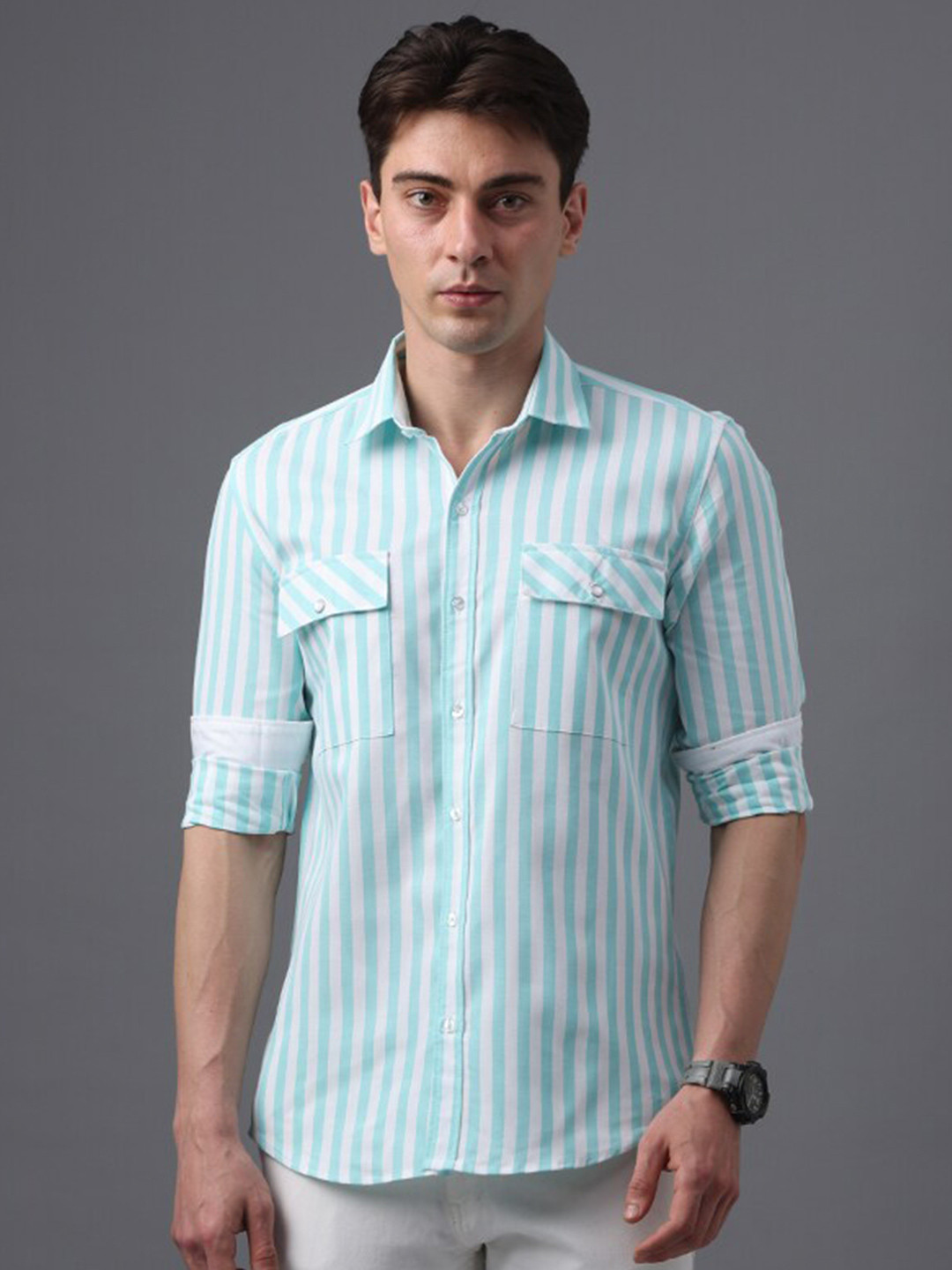 

FOGA Striped Pure Cotton Casual Shirt, Green