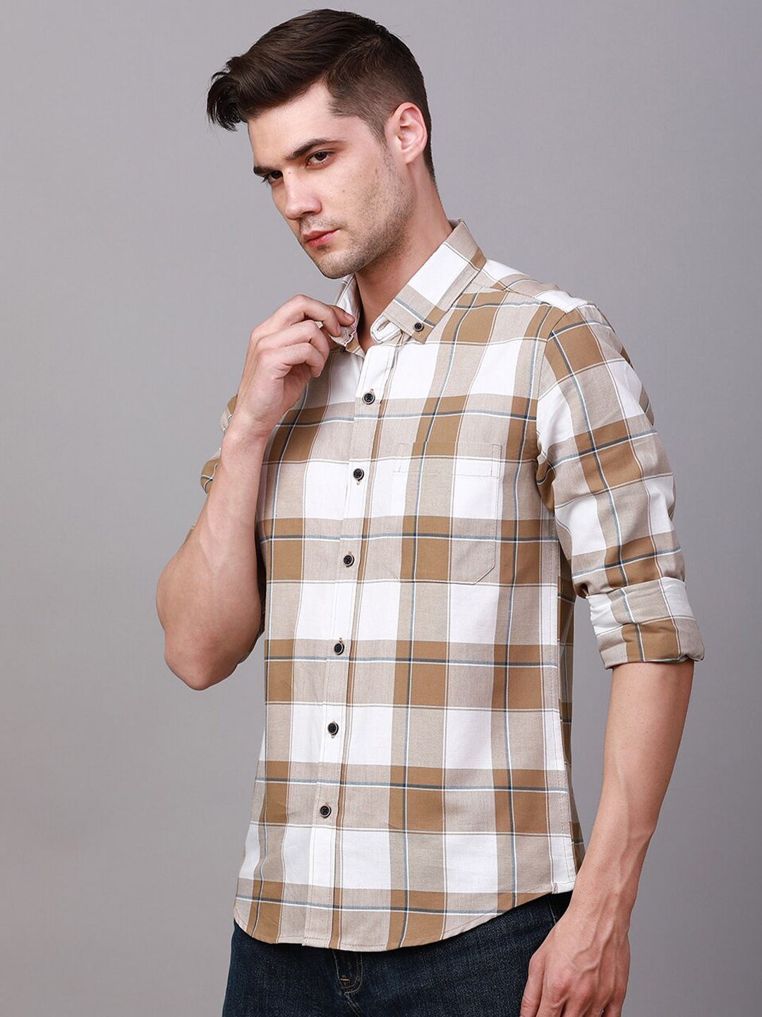 

FOGA Tartan Checked Pure Cotton Casual Shirt, Cream