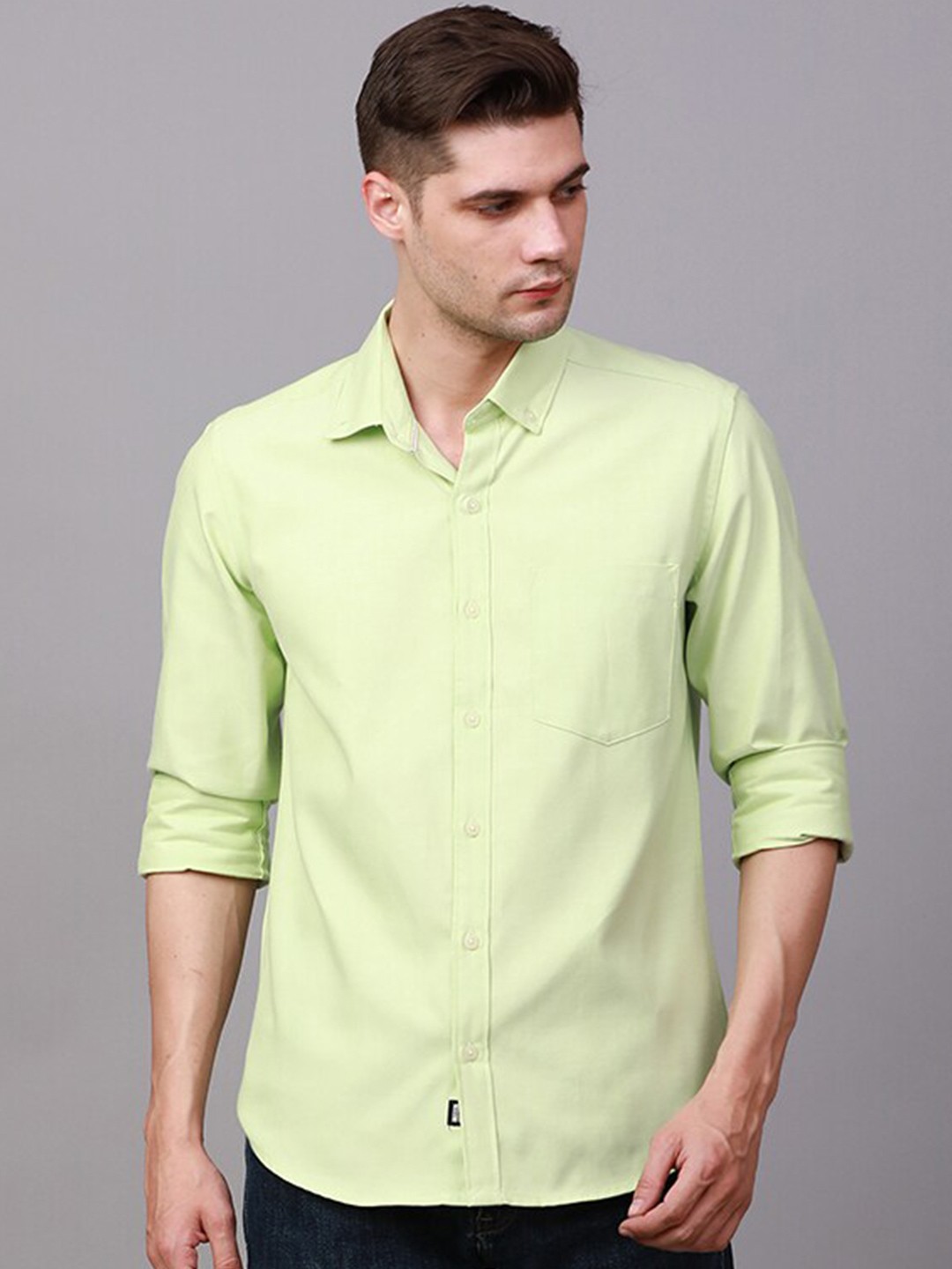 

FOGA Spread Collar Pure Cotton Casual Shirt, Green