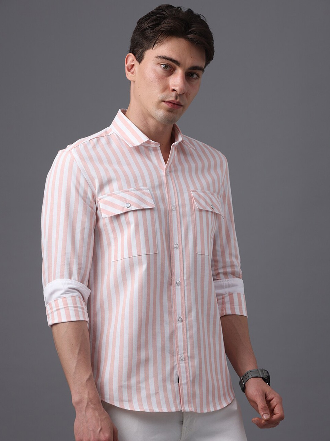 

FOGA Striped Pure Cotton Casual Shirt, Peach