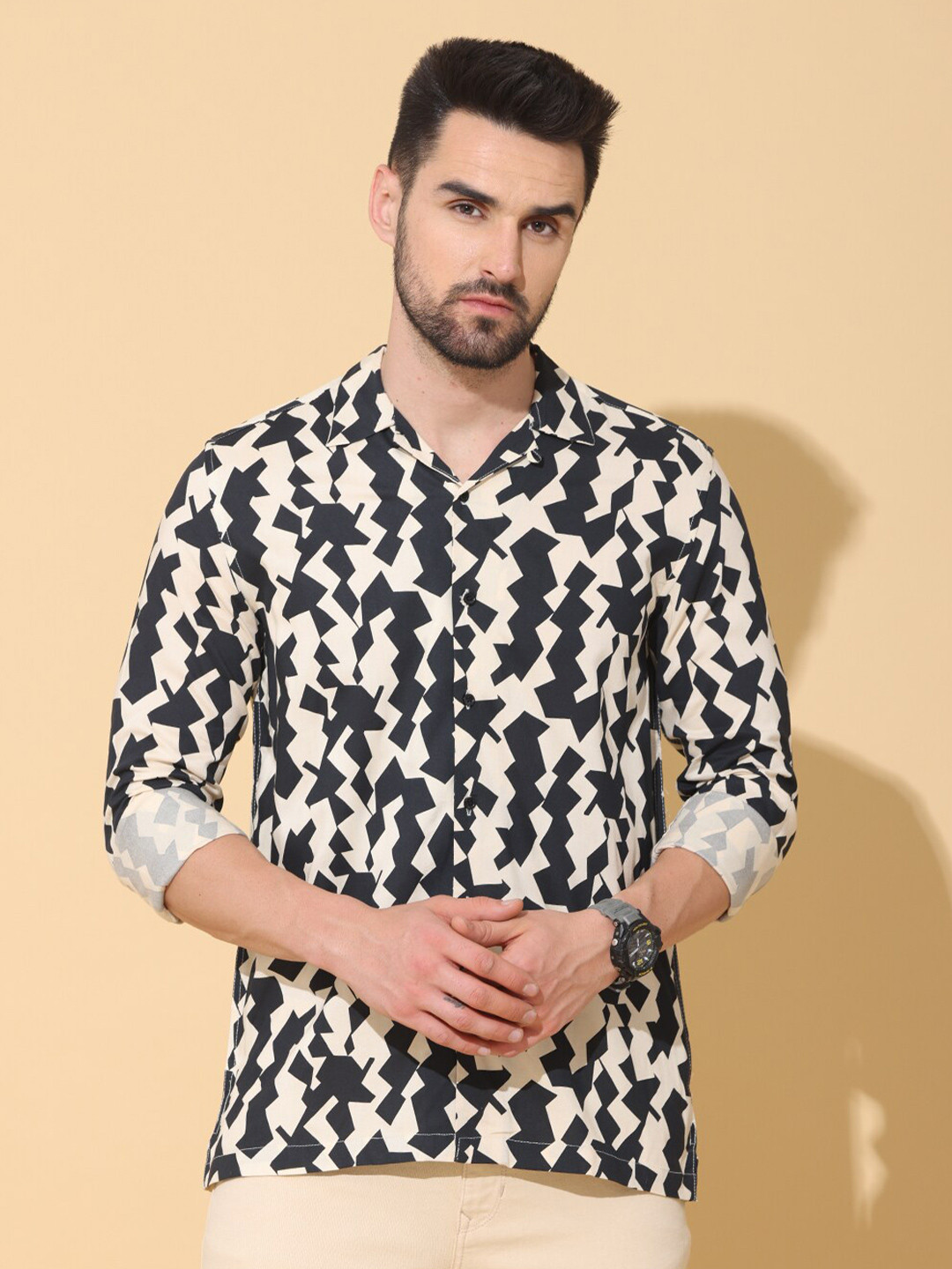 

FOGA Abstract Printed Pure Cotton Casual Shirt, Cream