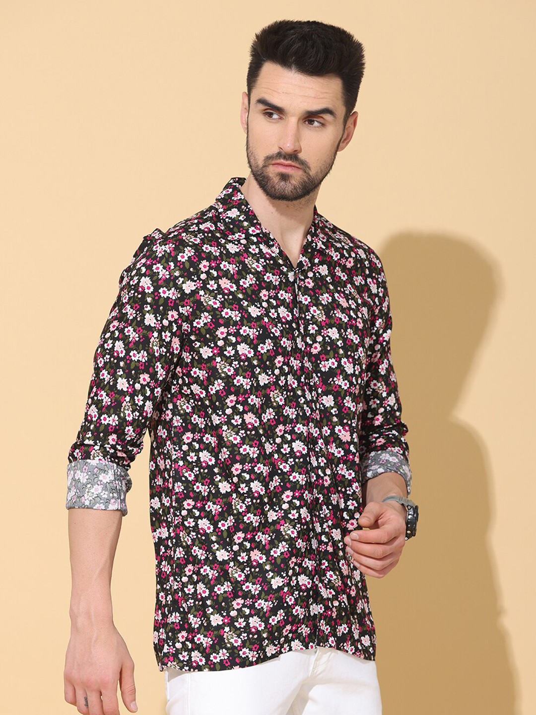 

FOGA Floral Printed Pure Cotton Casual Shirt, Black