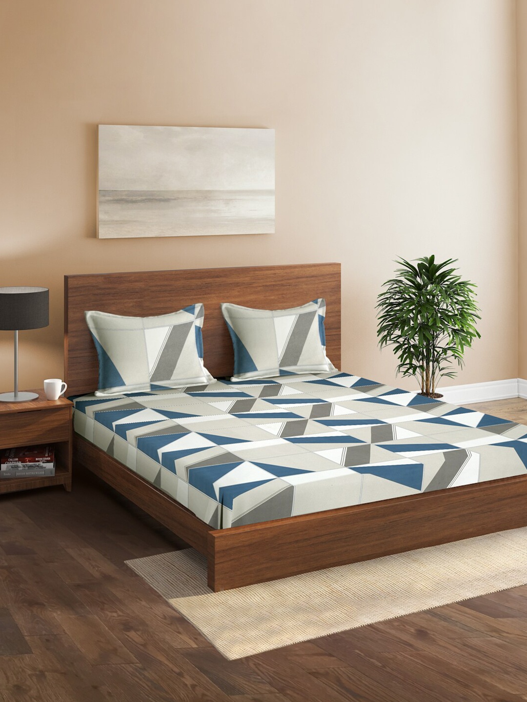 

Sangria Grey & Blue Geometric Printed 144 TC Double Queen Bedsheet & 2 Pillow Covers