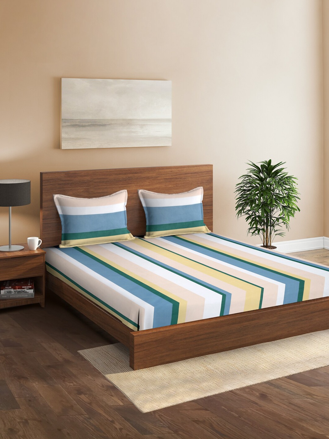 

Sangria Blue & White Striped 144 TC Double Queen Bedsheet & Pillow Covers