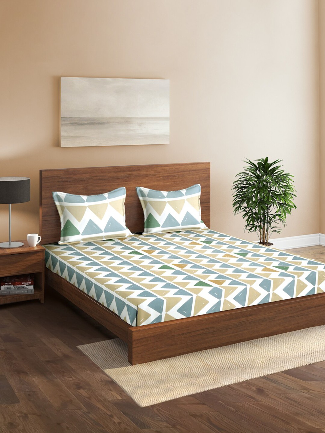 

Sangria Blue & White Geometric Printed 144 TC Double King Bedsheet & Pillow Covers, Green