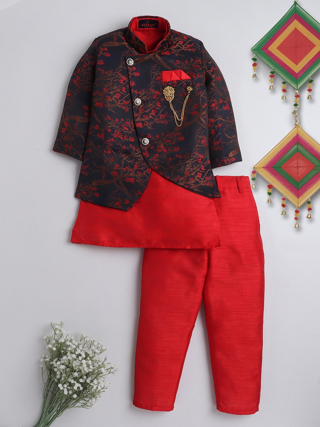 

ahhaaaa Boys Woven-Design Sherwani Set, Red