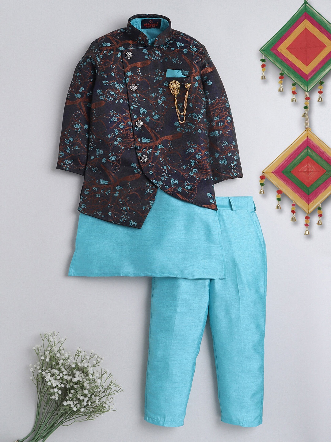 

ahhaaaa Boys Printed Sherwani Set, Blue