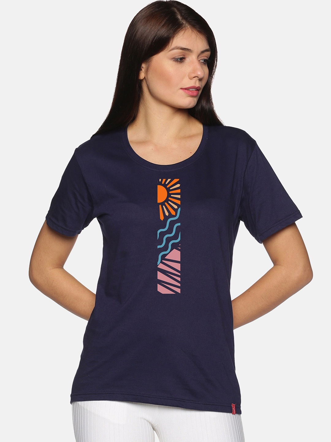 

NOT YET by us Abstract Round Neck Cotton T-shirt, Navy blue
